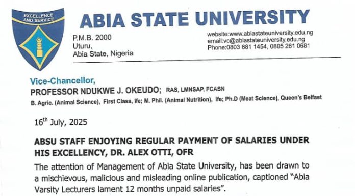 Abia State University rejects Lecturers unpaid 12 months salary arrears Claim